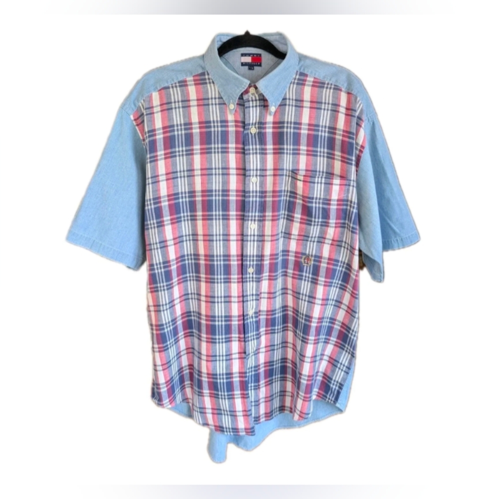 90s Tommy Hilfiger Short Sleeve Button Down Shirt L Chambray Plaid Colorblock